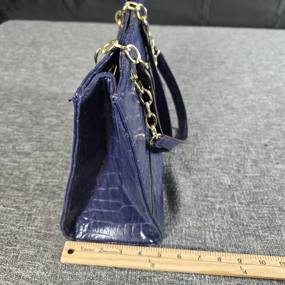 Anne Klein Blue Croc Embossed Faux Leather Satchel Chain Shoulder Bag Purse